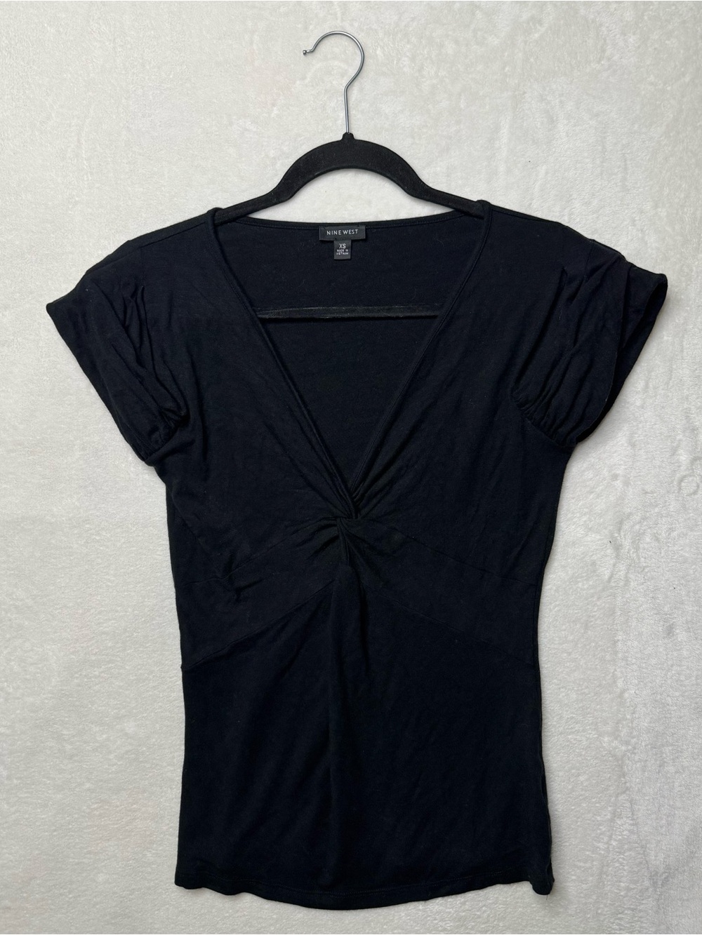 Nine West Black Rayon Short-Sleeve Twist-Front V-Neck Babydoll Top XS